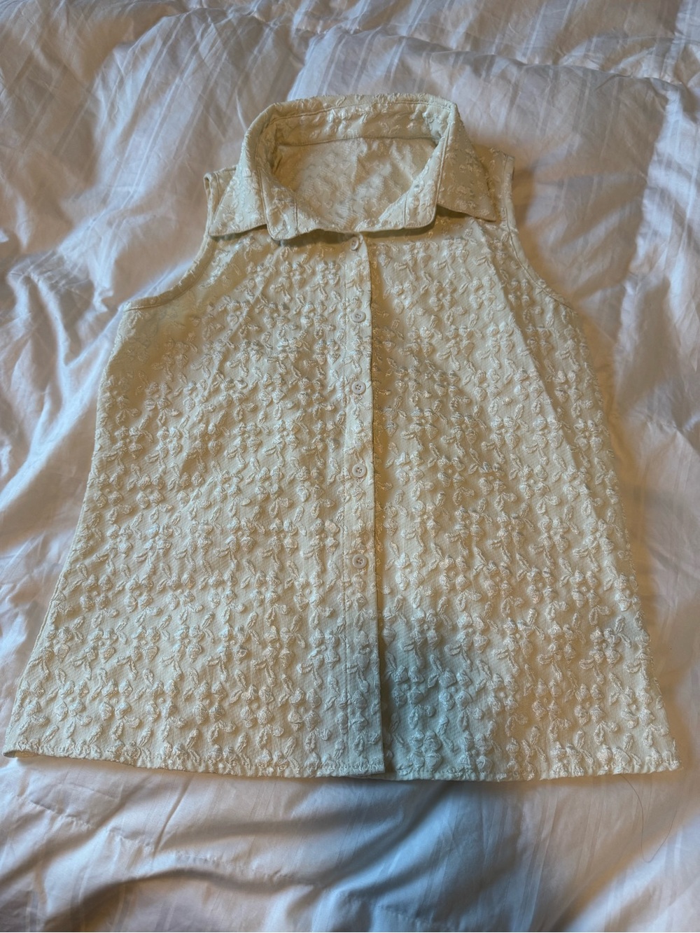 SHEIN Cream Sleeveless Embroidered Button-Down Top